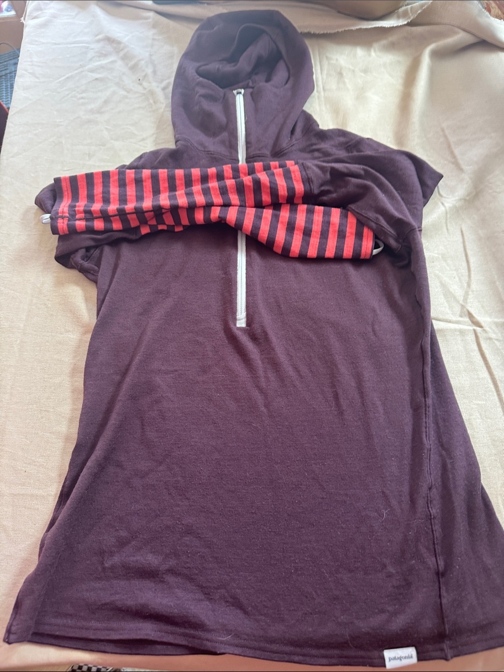 Patagonia Women's Deep Plum Hoodie with Red and Black Striped Sleeves